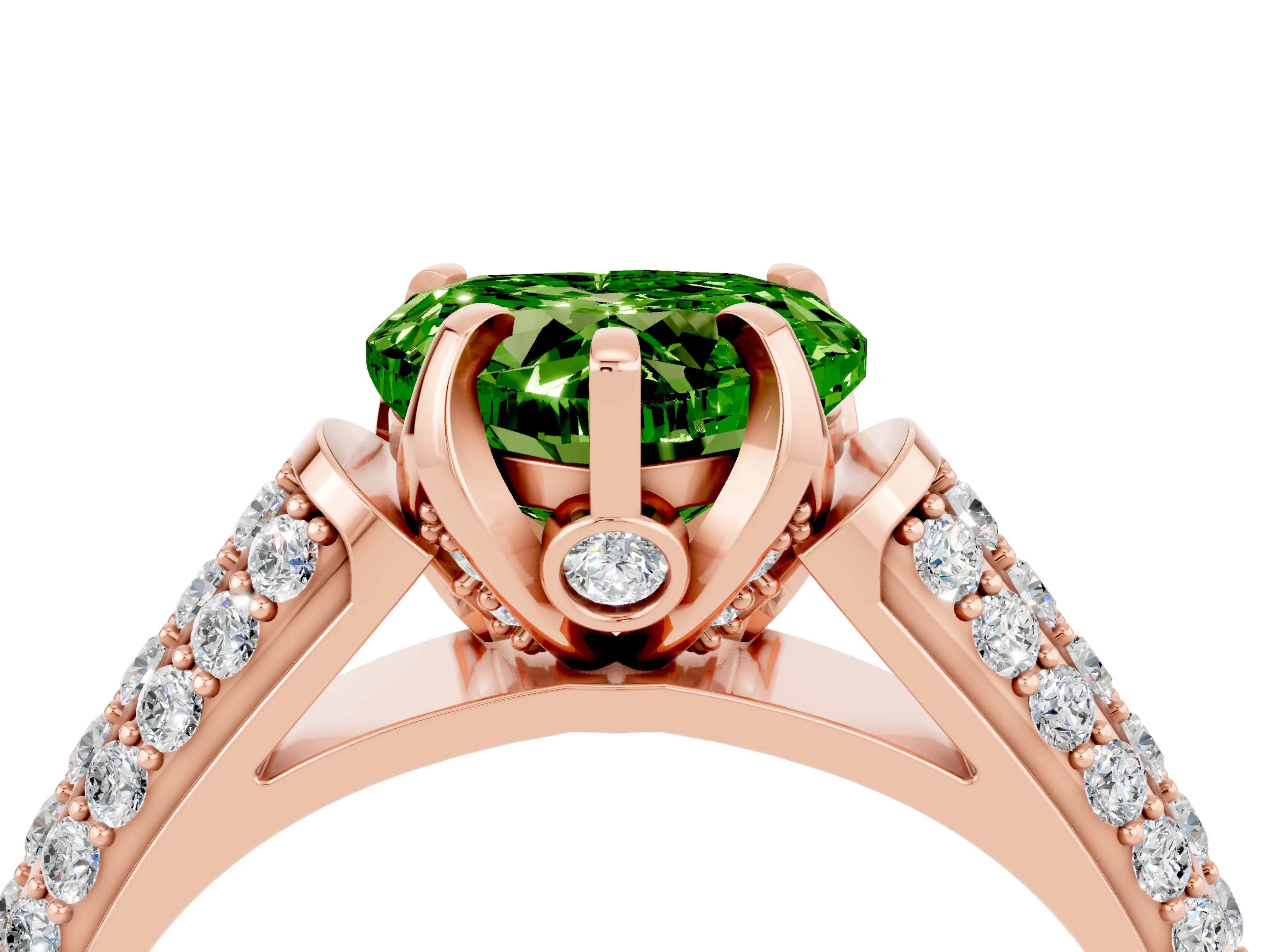 Rose gold Heart Cut Peridot Solitaire Ring with Three-Row Pavé Band and Four-Prong Setting_16