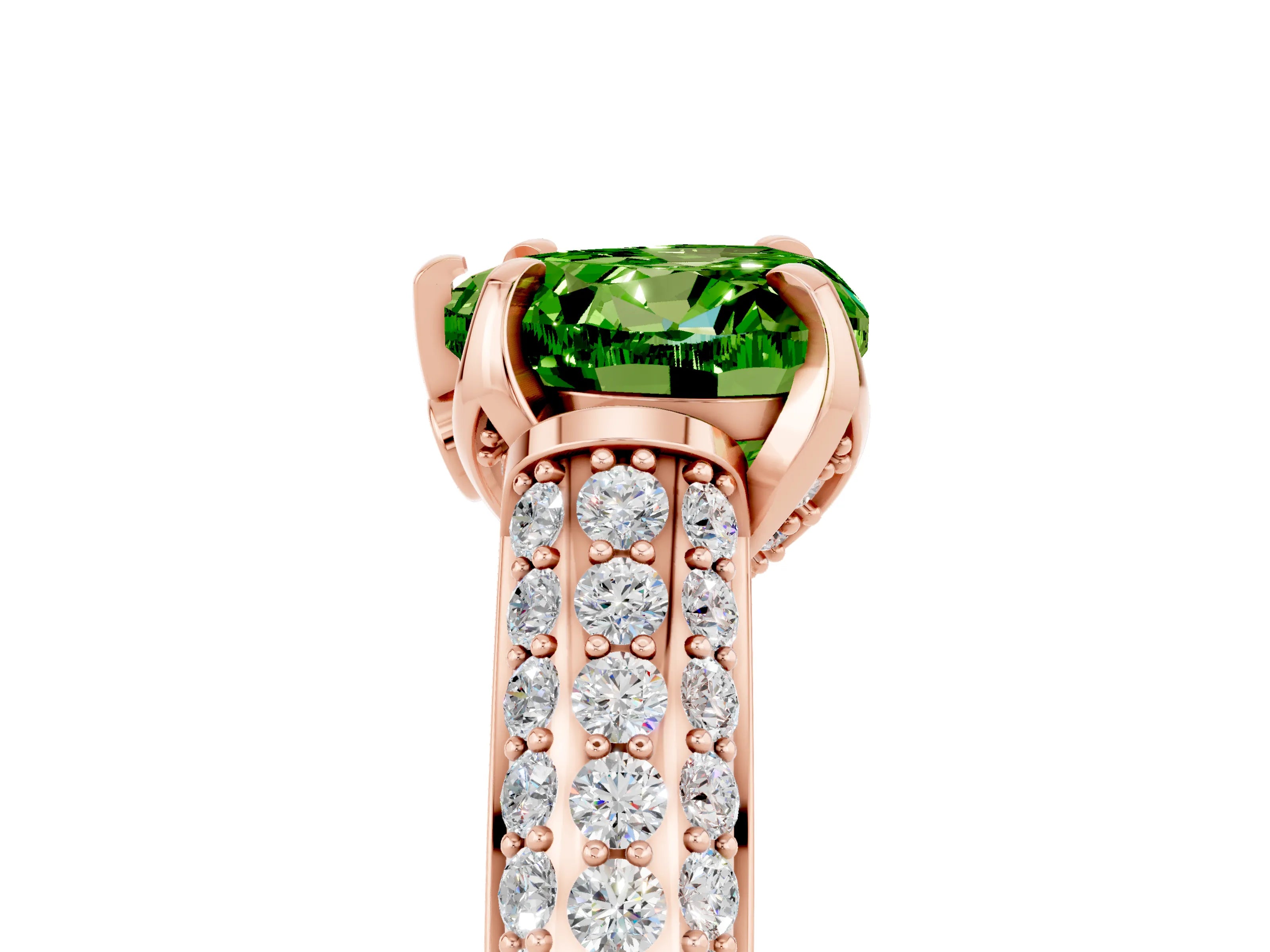 Rose gold Heart Cut Peridot Solitaire Ring with Three-Row Pavé Band and Four-Prong Setting_17