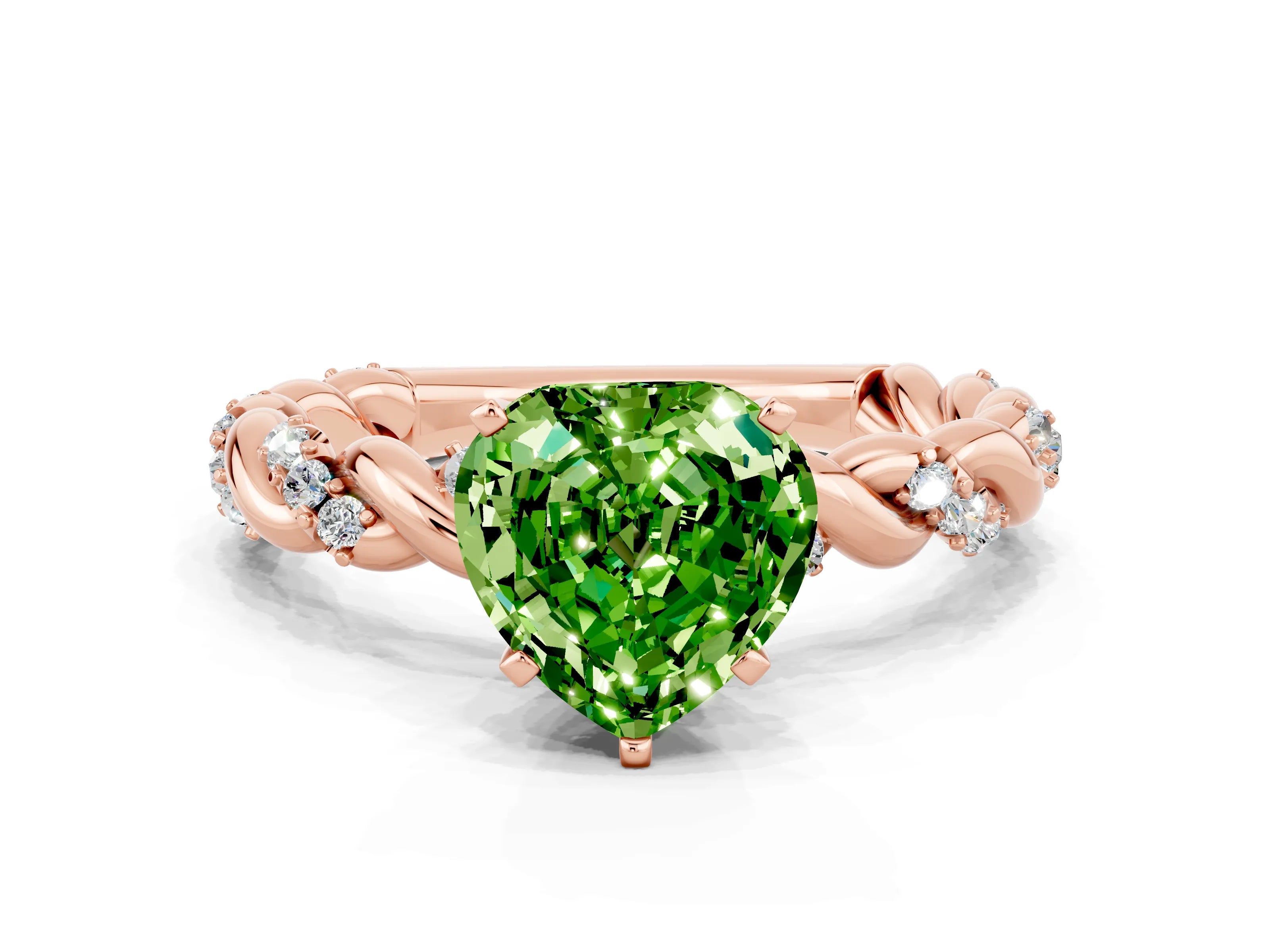 Rose gold Heart Cut Peridot Solitaire Ring with Twisted Band and Pavé Accents