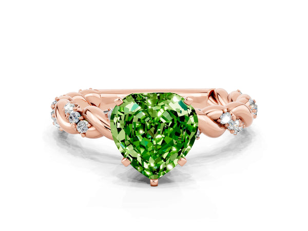 Rose gold Heart Cut Peridot Solitaire Ring with Twisted Band and Pavé Accents