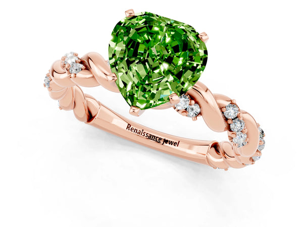 Rose gold Heart Cut Peridot Solitaire Ring with Twisted Band and Pavé Accents