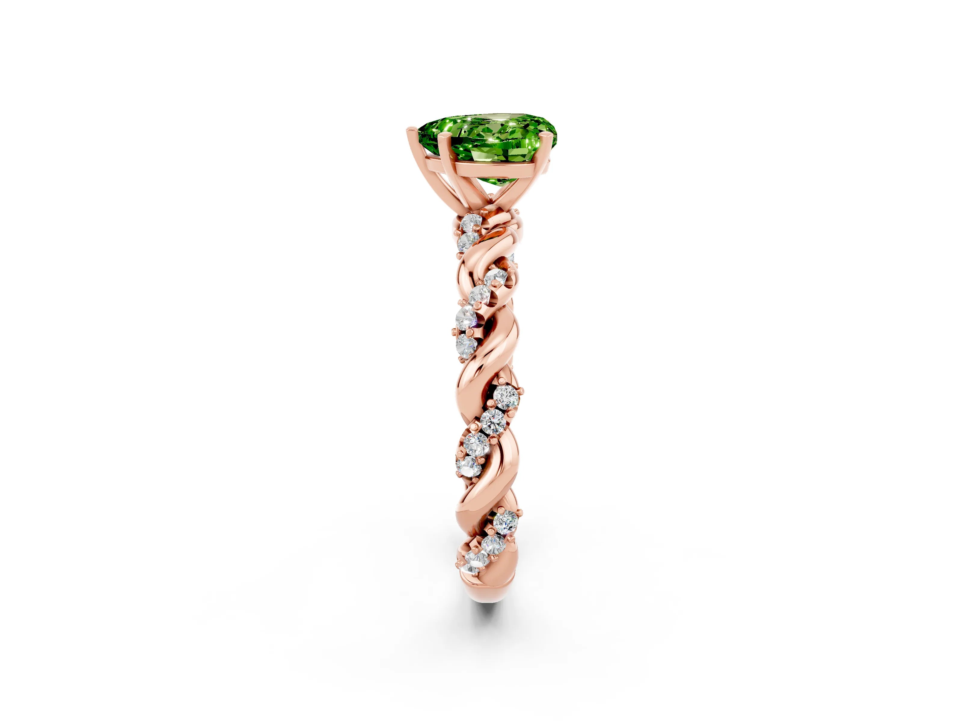 Rose gold Heart Cut Peridot Solitaire Ring with Twisted Band and Pavé Accents_2