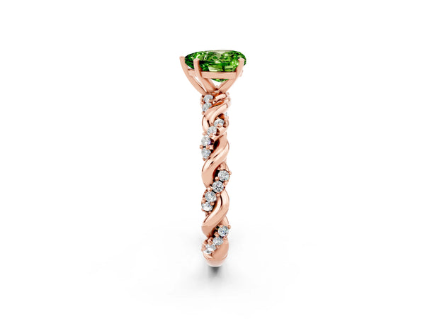 Rose gold Heart Cut Peridot Solitaire Ring with Twisted Band and Pavé Accents