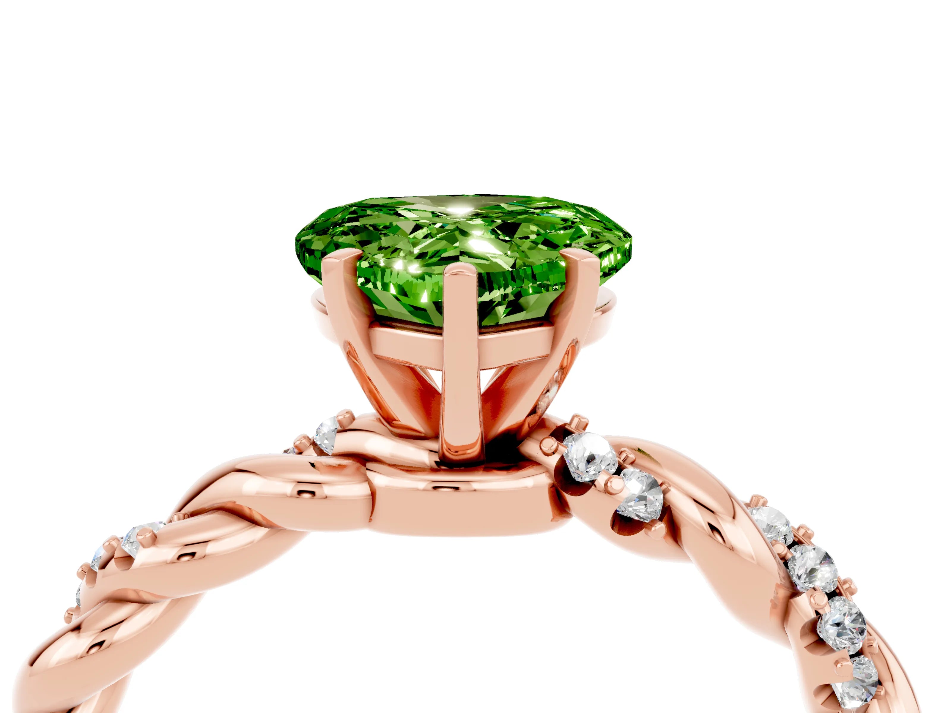 Rose gold Heart Cut Peridot Solitaire Ring with Twisted Band and Pavé Accents_4