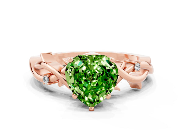 Rose gold Heart Cut Peridot Solitaire Ring with Twisted Band and Prong Setting
