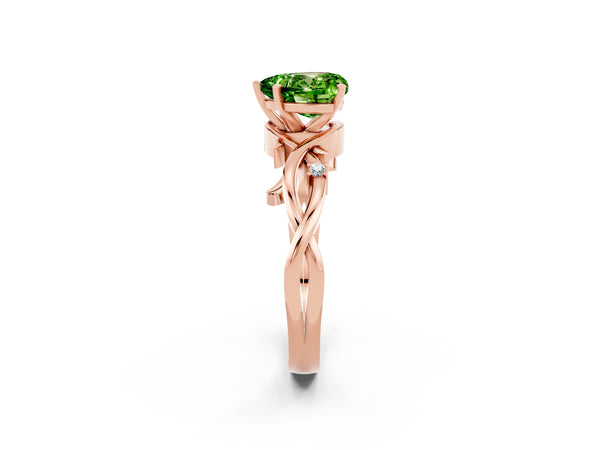 Rose gold Heart Cut Peridot Solitaire Ring with Twisted Band and Prong Setting