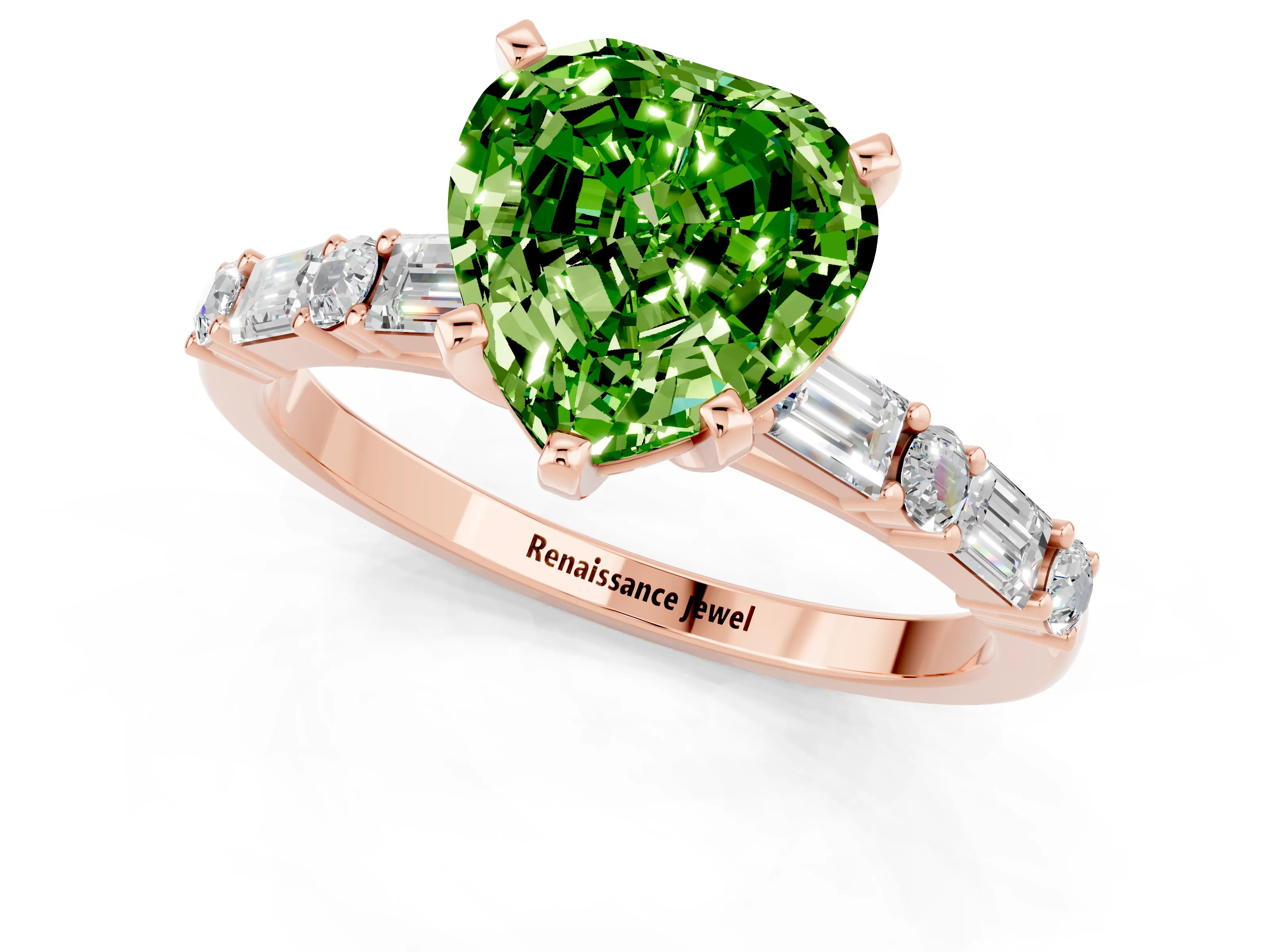 Rose gold Heart Cut Peridot Solitaire with Side Baguettes and Channel Set Band_1