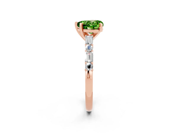 Rose gold Heart Cut Peridot Solitaire with Side Baguettes and Channel Set Band