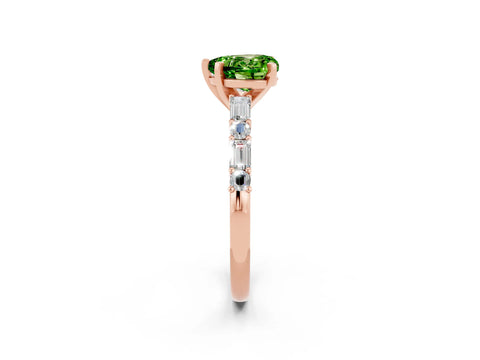 Rose gold Heart Cut Peridot Solitaire with Side Baguettes and Channel Set Band_2