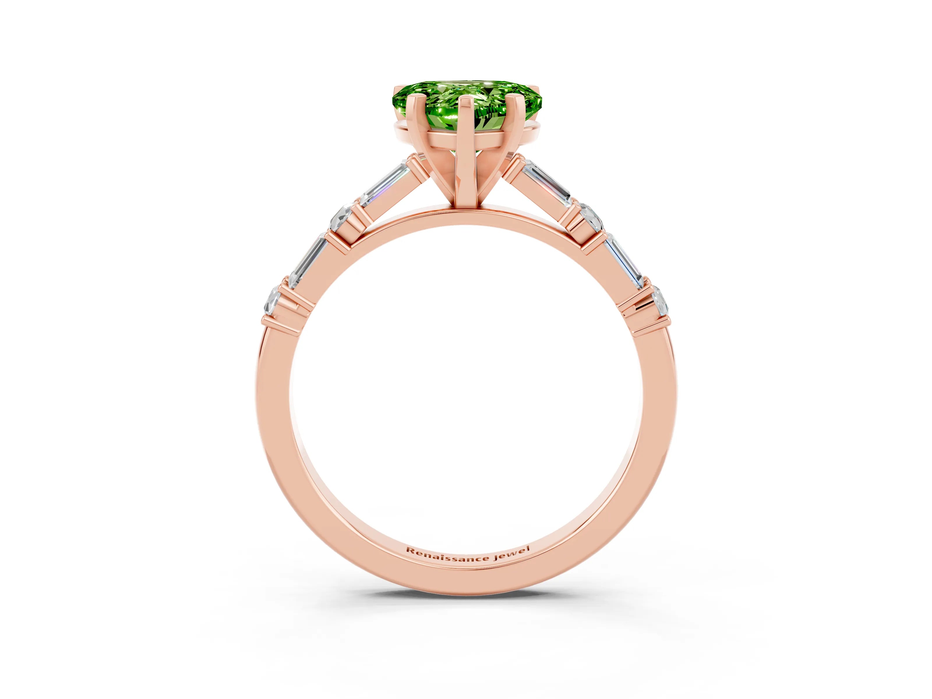 Rose gold Heart Cut Peridot Solitaire with Side Baguettes and Channel Set Band_3