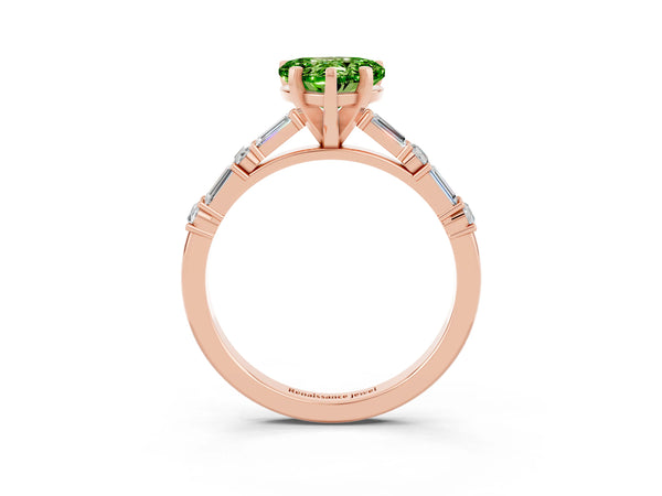 Rose gold Heart Cut Peridot Solitaire with Side Baguettes and Channel Set Band