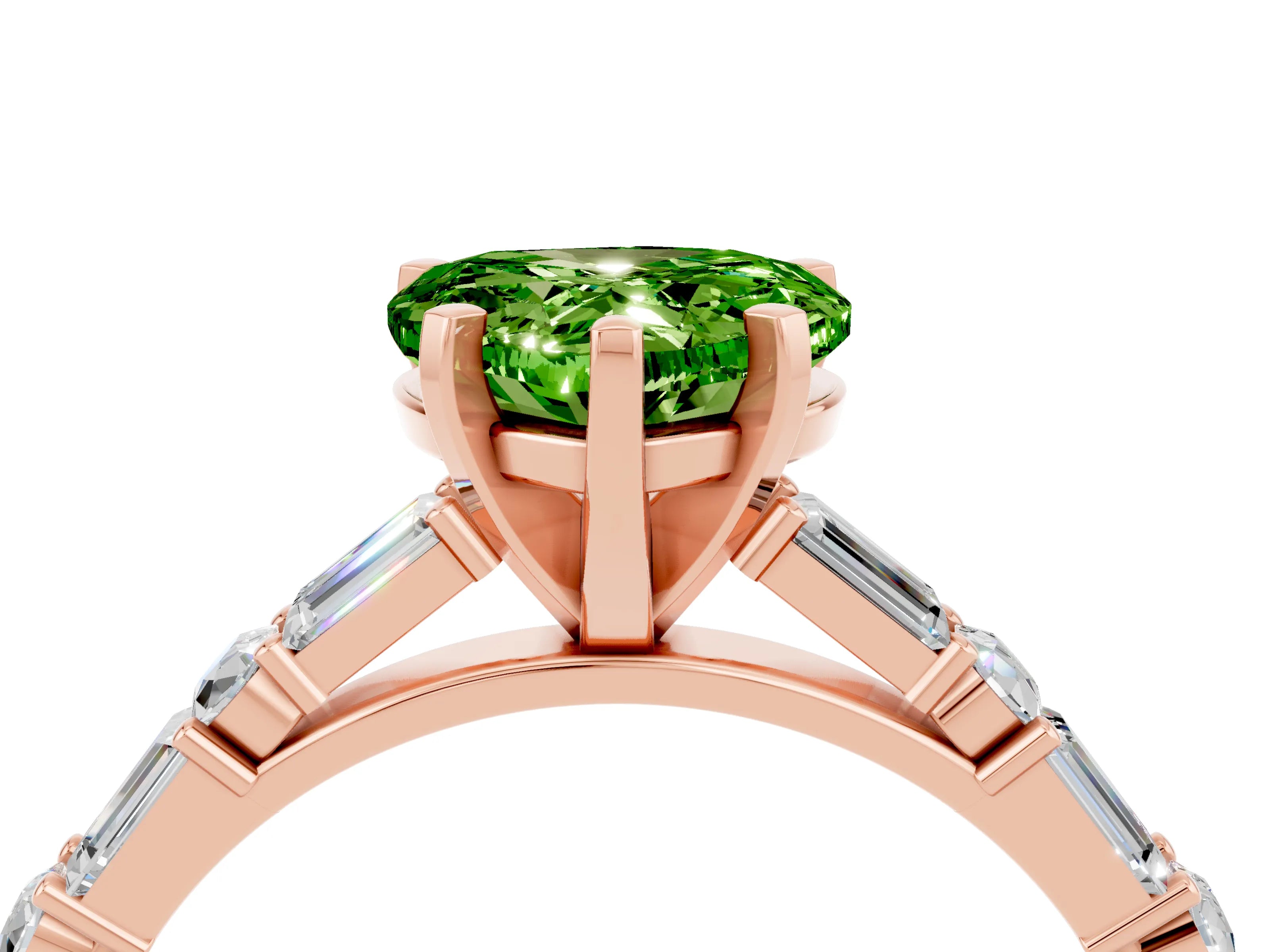 Rose gold Heart Cut Peridot Solitaire with Side Baguettes and Channel Set Band_4