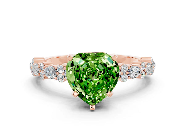 Rose gold Heart Cut Peridot Side Stone Solitaire Ring with Round  and Four-Prong Setting