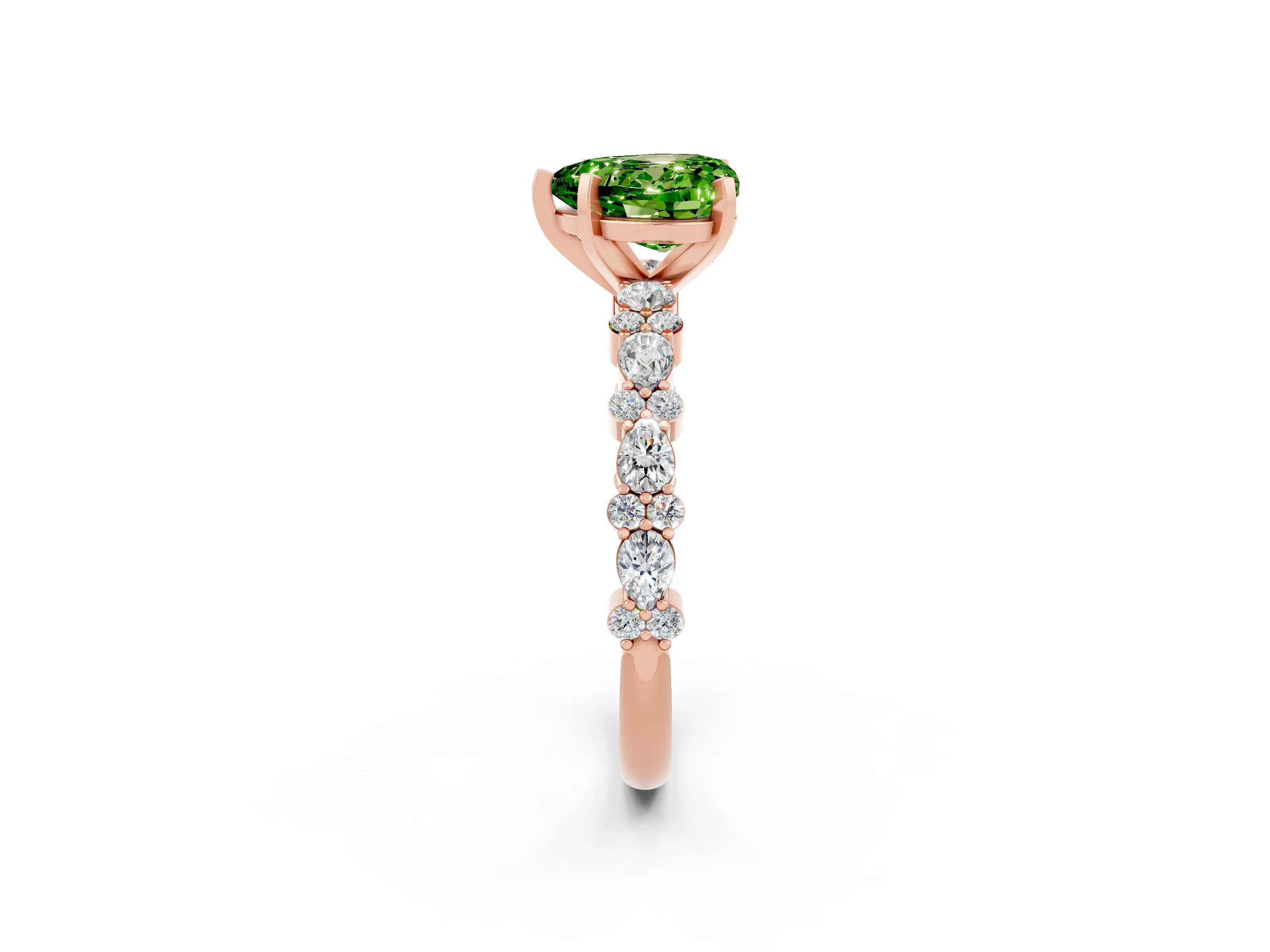 Rose gold Heart Cut Peridot Solitaire with Side Stones, Pave Band, Four-Prong Setting_38