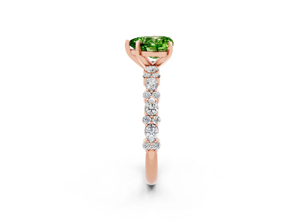 Rose gold Heart Cut Peridot Side Stone Solitaire Ring with Round  and Four-Prong Setting