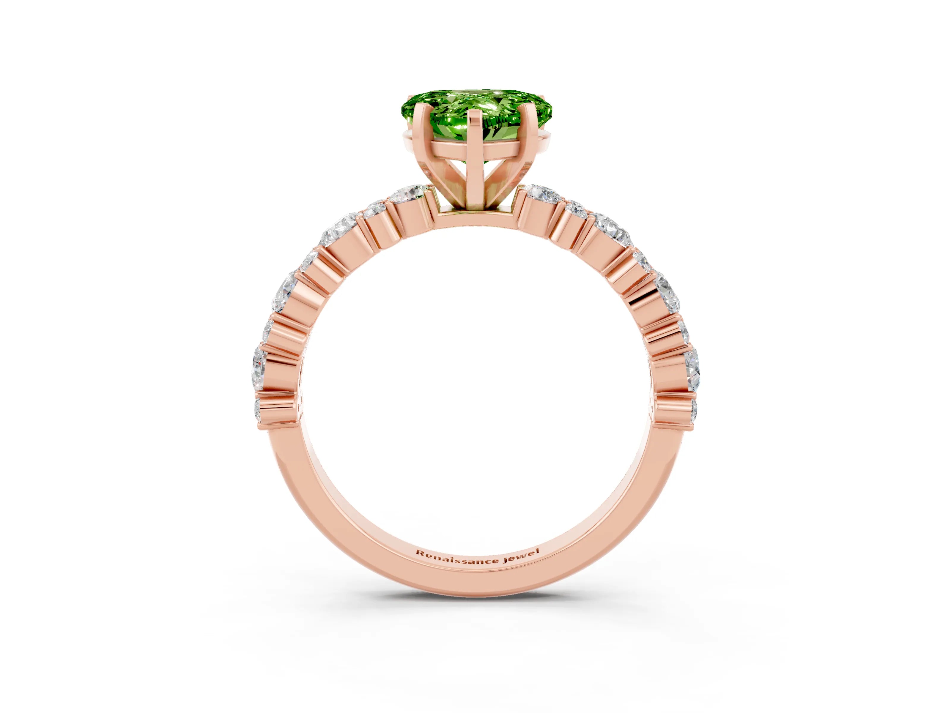 Rose gold Heart Cut Peridot Solitaire with Side Stones, Pave Band, Four-Prong Setting_39