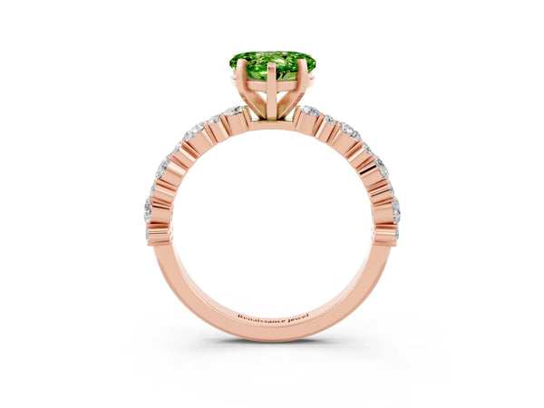 Rose gold Heart Cut Peridot Side Stone Solitaire Ring with Round  and Four-Prong Setting