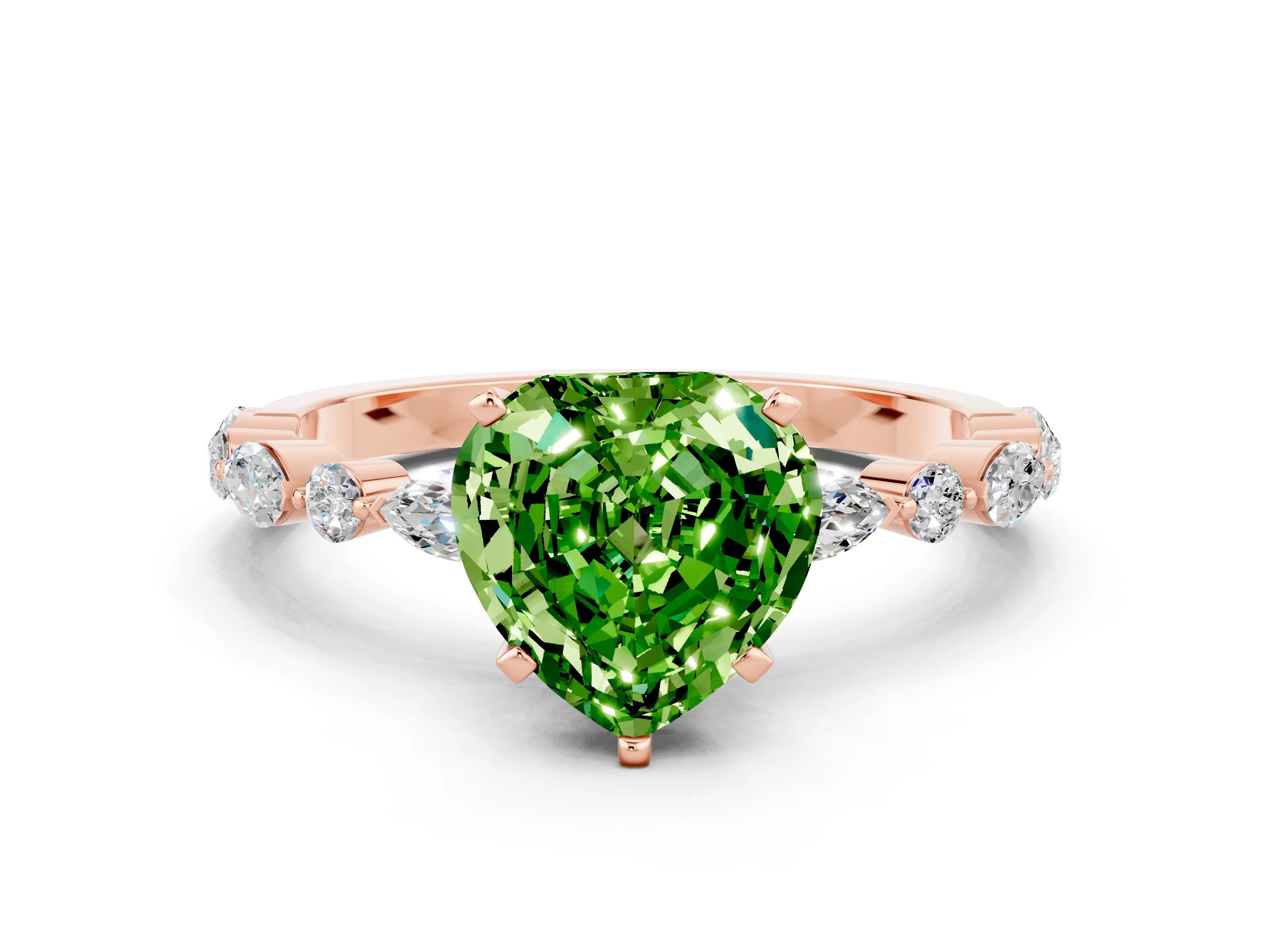 Rose gold Heart Cut Peridot Solitaire with Side Stones on a Pavé Band and Four-Prong Setting