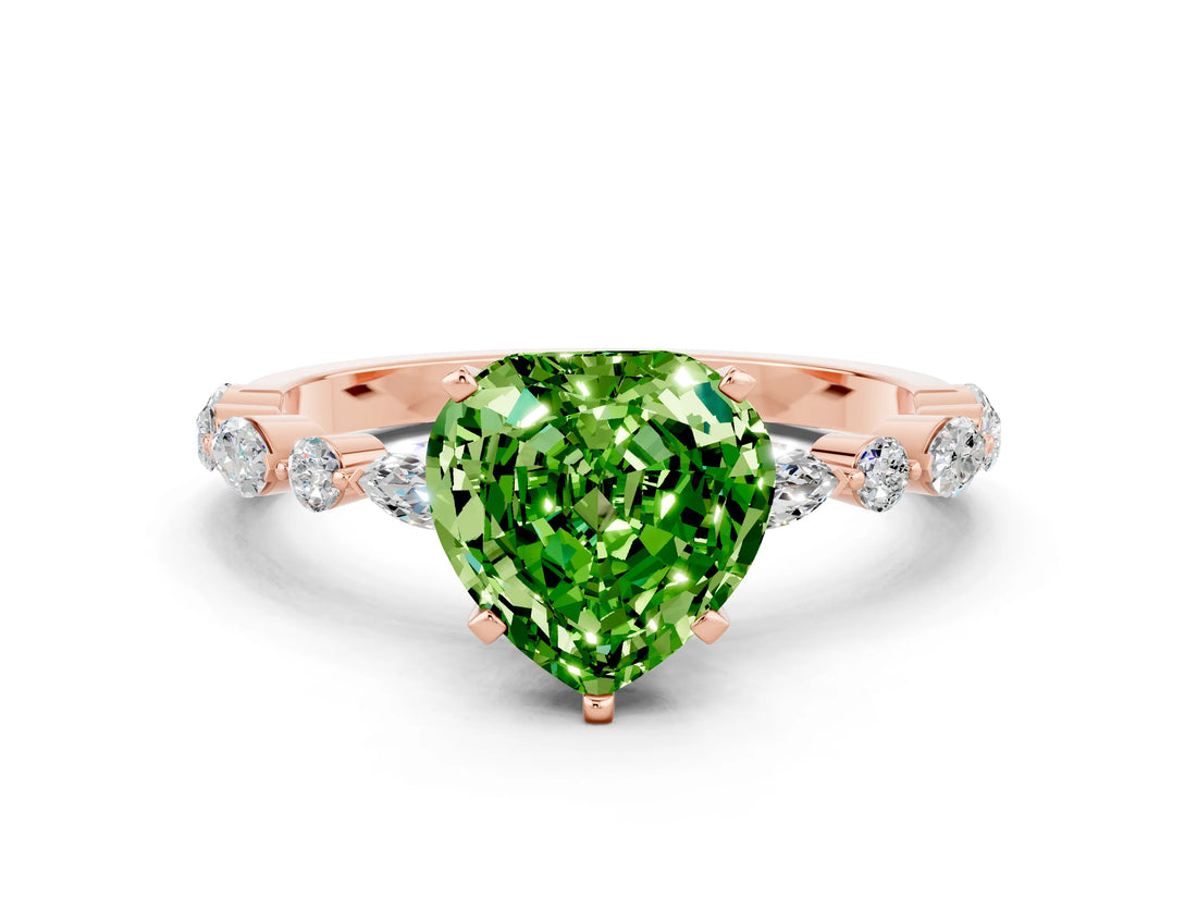 Rose gold Heart Cut Peridot Solitaire with Side Stones on a Pavé Band and Four-Prong Setting