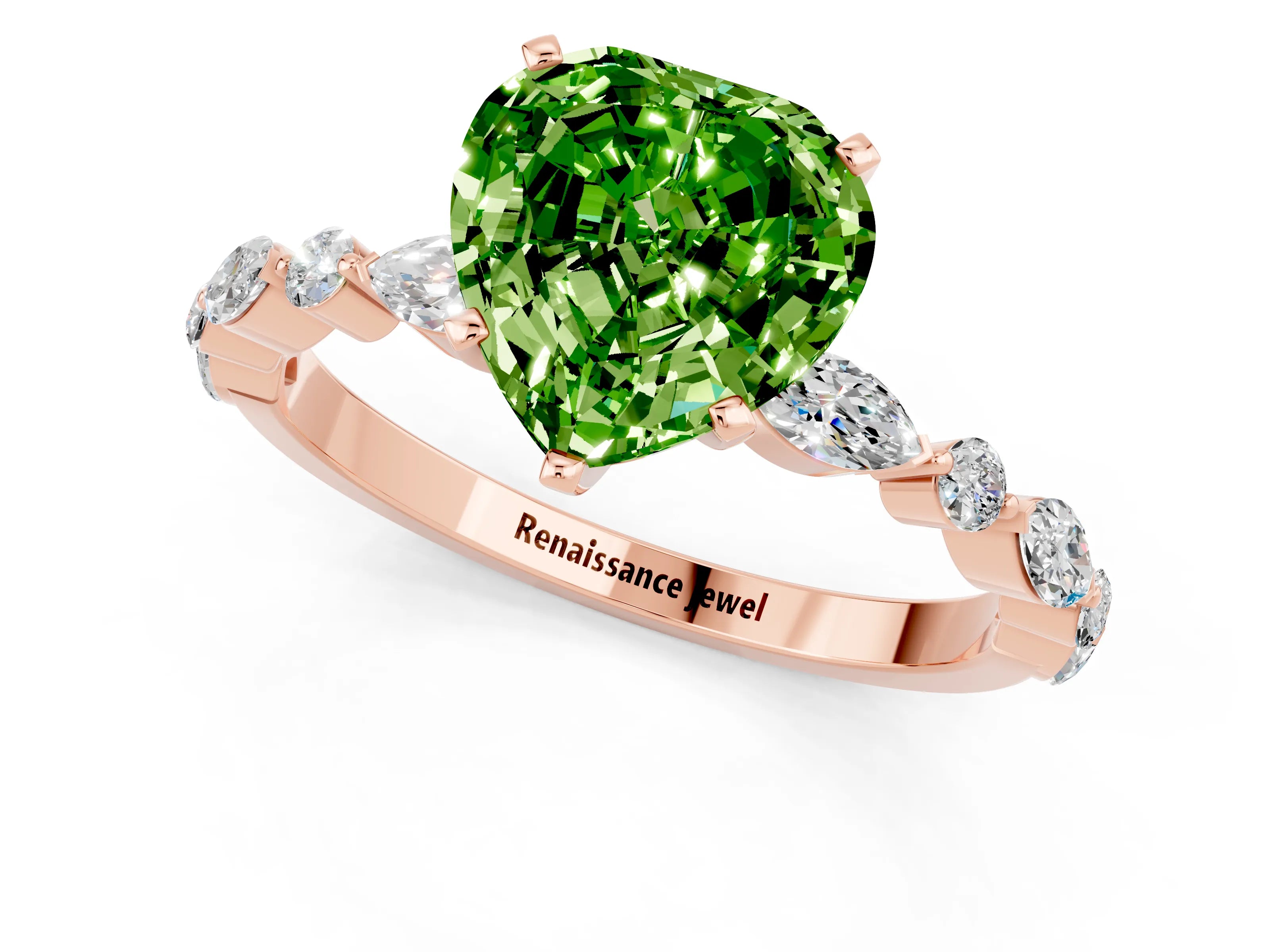 Rose gold Heart Cut Peridot Solitaire with Side Stones on a Pavé Band and Four-Prong Setting_1