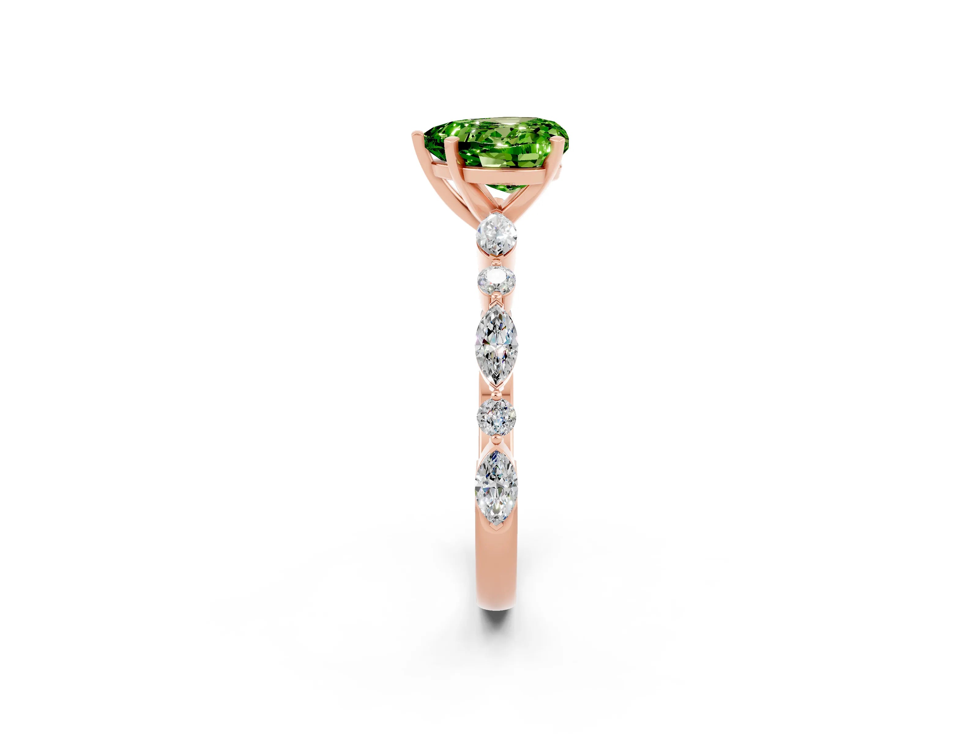 Rose gold Heart Cut Peridot Solitaire with Side Stones on a Pavé Band and Four-Prong Setting_2