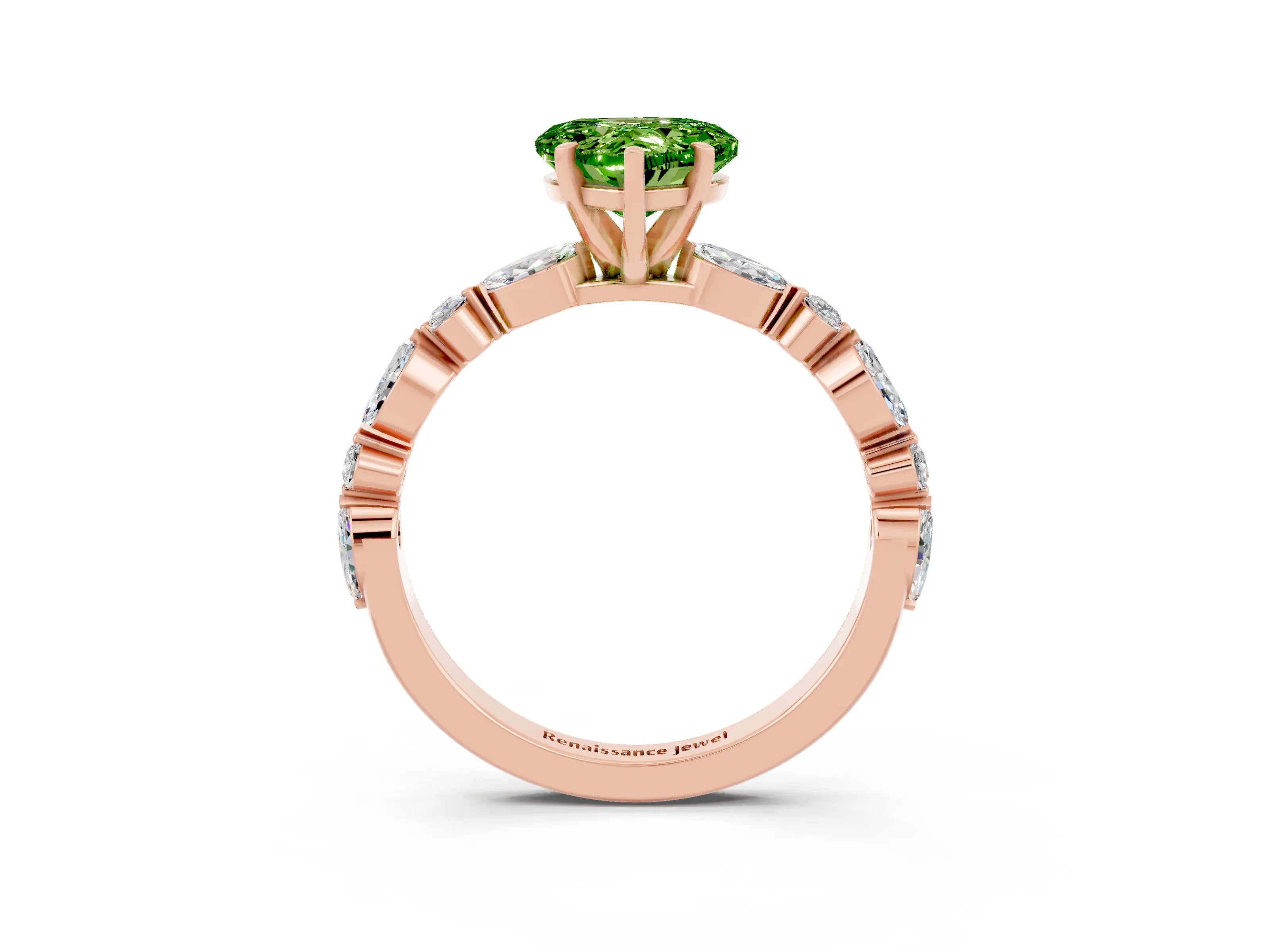 Rose gold Heart Cut Peridot Solitaire with Side Stones on a Pavé Band and Four-Prong Setting_3