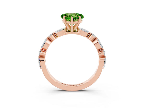 Rose gold Heart Cut Peridot Ring with Marquise and Round  Side Stones and Four-Prong Setting
