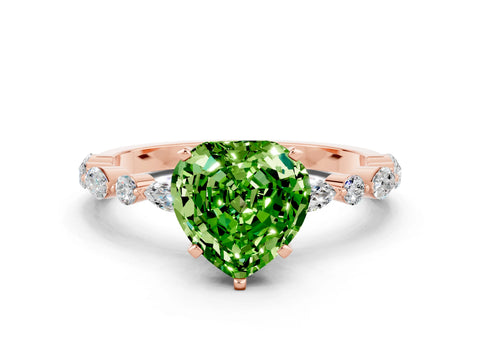 Rose gold Heart Cut Peridot Solitaire with Side Stones on a Pavé Band and Four-Prong Setting