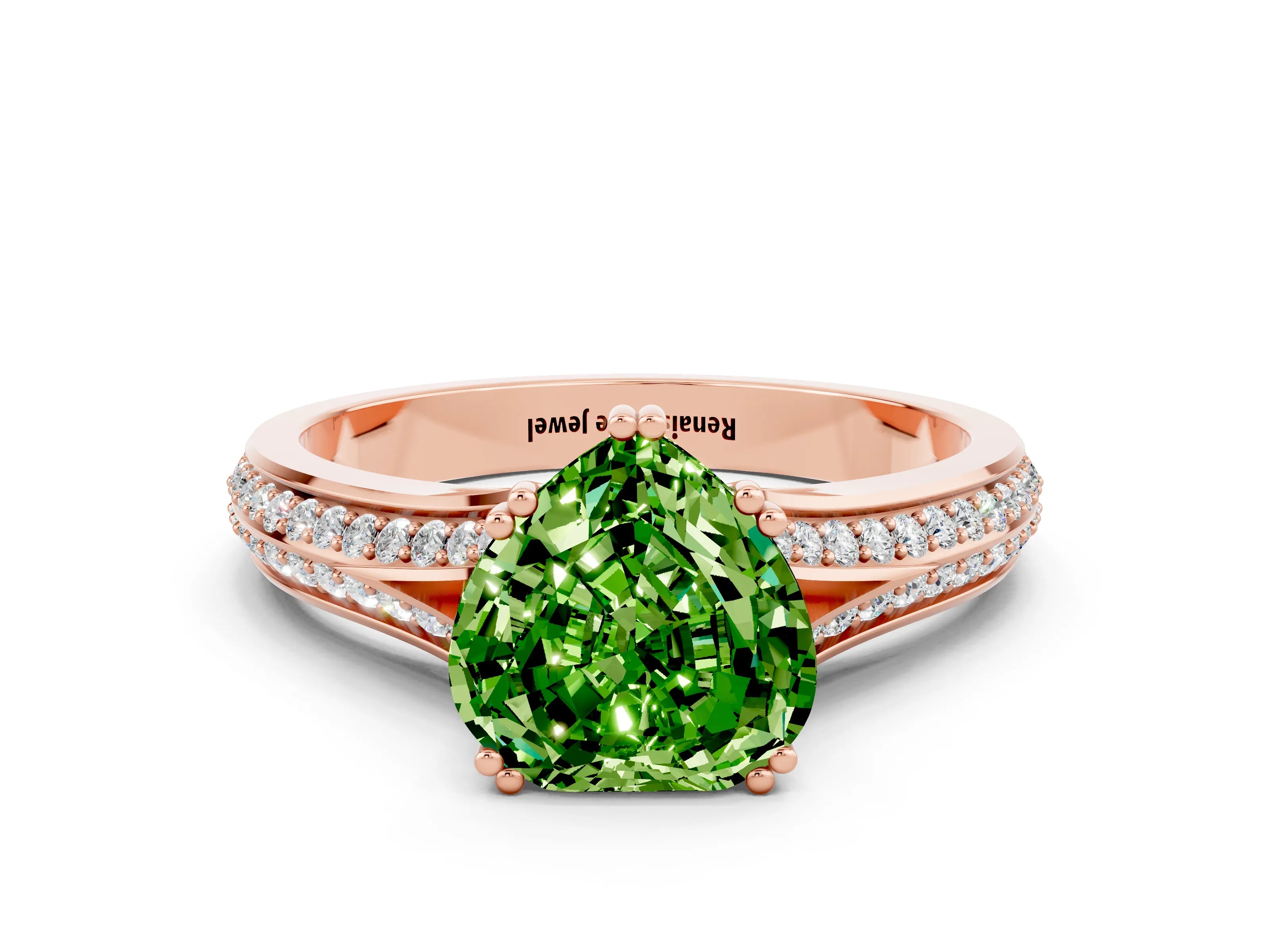 Rose gold Heart Cut Peridot Split Shank Engagement Ring with Pavé Band
