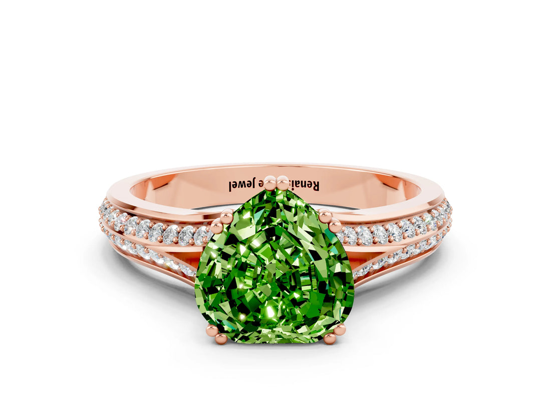 Rose gold Heart Cut Peridot Split Shank Engagement Ring with Pavé Band