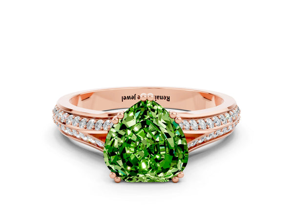 Rose gold Heart Cut Peridot Split Shank Engagement Ring with Pavé Band