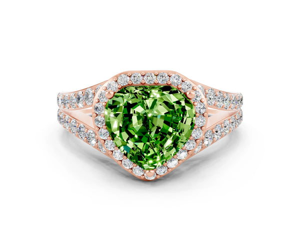 Rose gold Heart Cut Peridot Split Shank Halo Ring with Four-Prong Setting