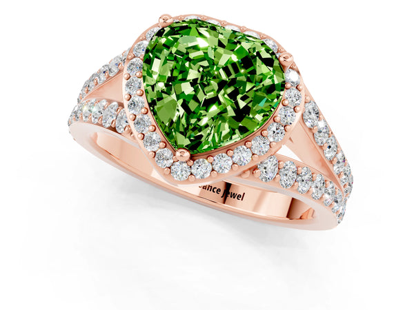 Rose gold Heart Cut Peridot Split Shank Halo Ring with Four-Prong Setting