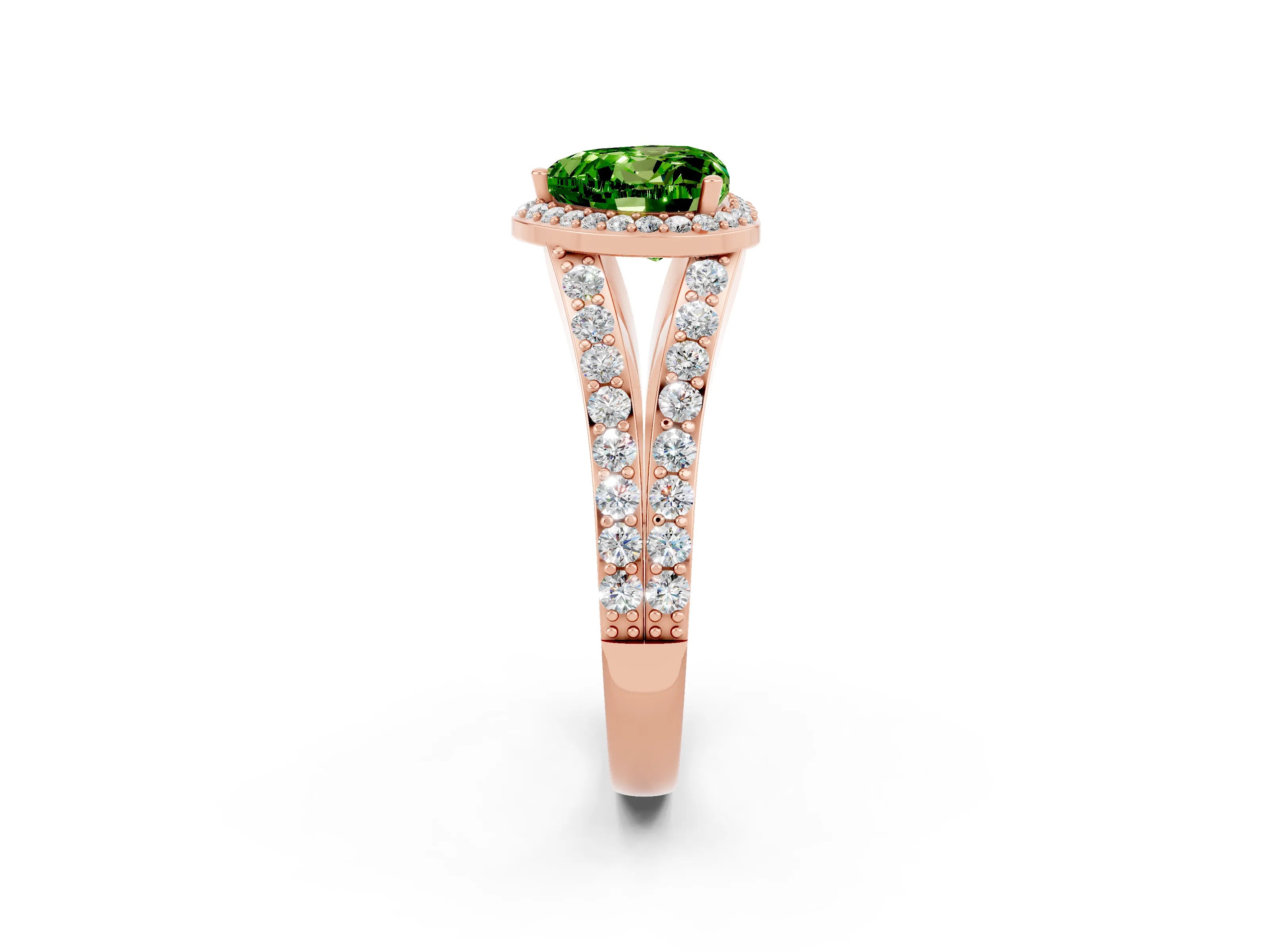 Rose gold Heart Cut Peridot Split Shank Halo Ring with Four-Prong Setting_14