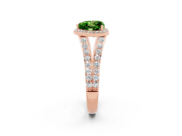 Rose gold Heart Cut Peridot Split Shank Halo Ring with Four-Prong Setting