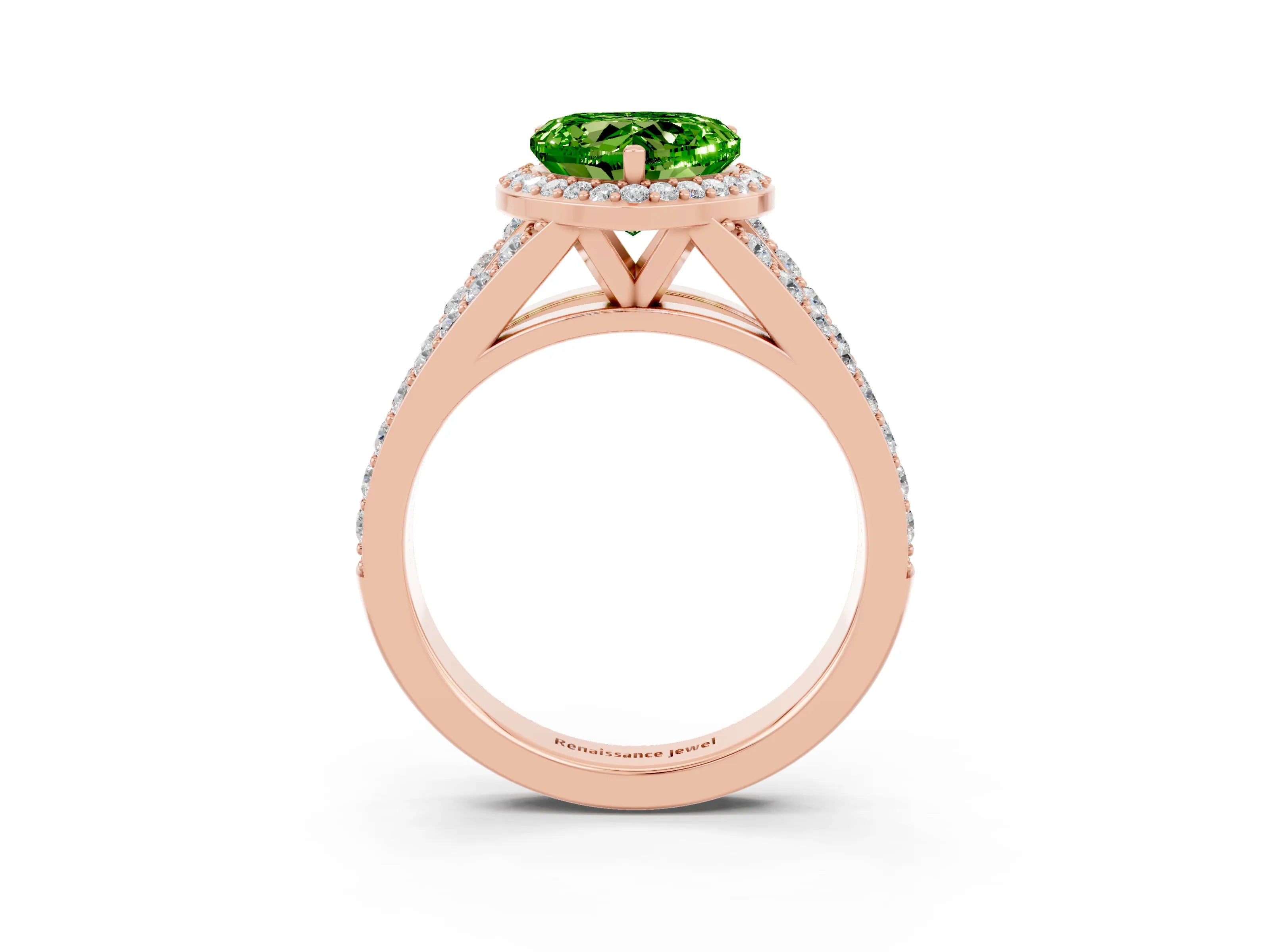Rose gold Heart Cut Peridot Split Shank Halo Ring with Four-Prong Setting_15