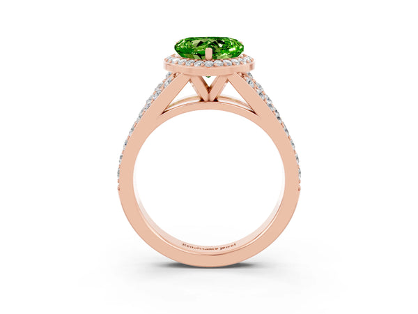 Rose gold Heart Cut Peridot Split Shank Halo Ring with Four-Prong Setting