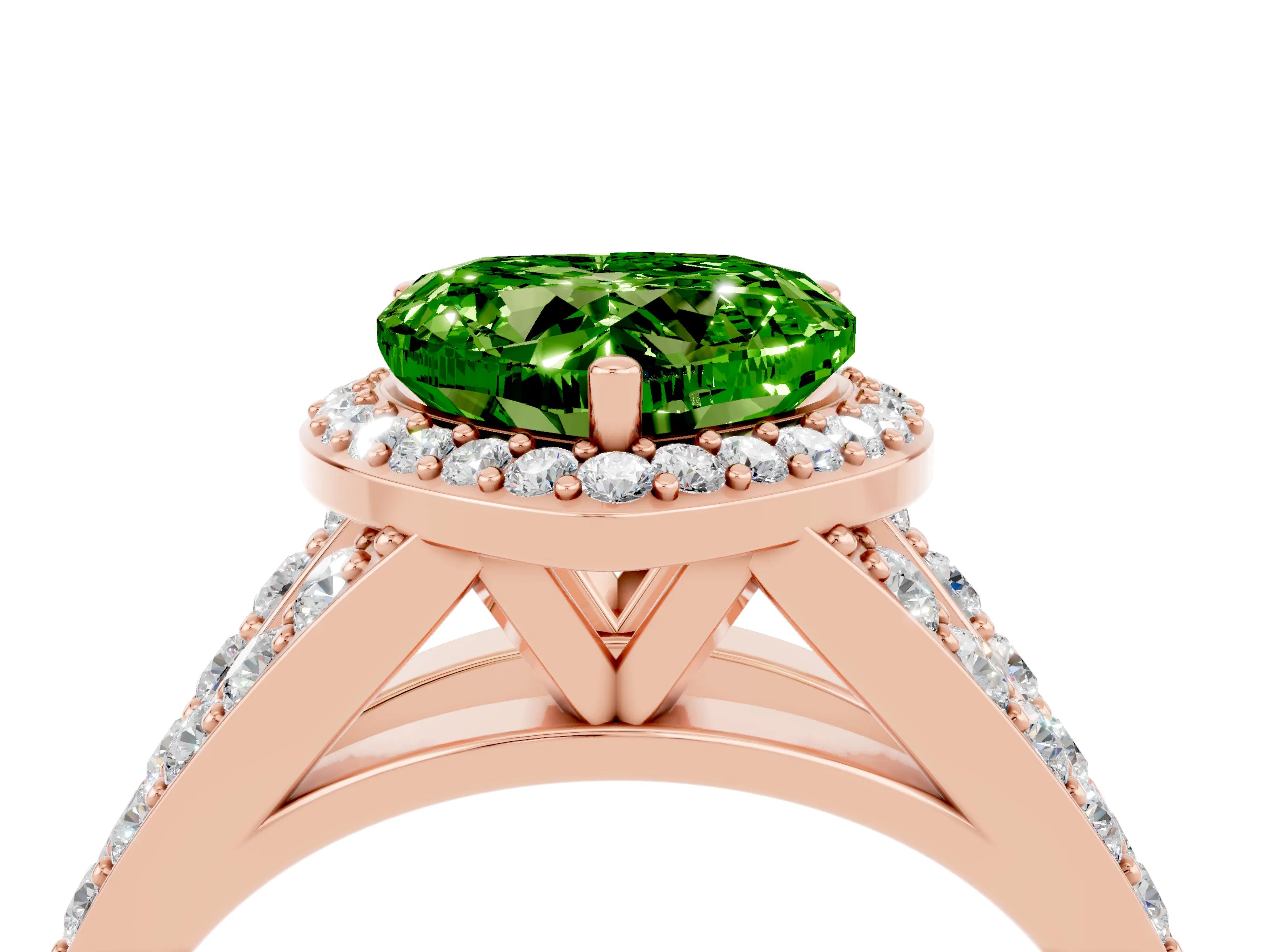 Rose gold Heart Cut Peridot Split Shank Halo Ring with Four-Prong Setting_16
