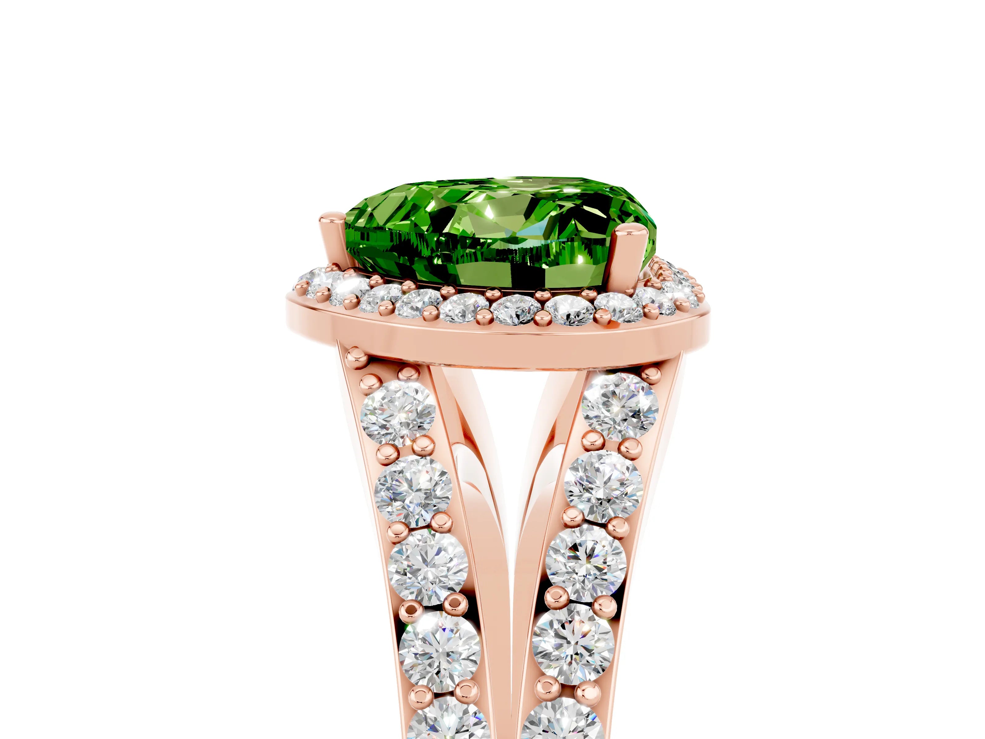 Rose gold Heart Cut Peridot Split Shank Halo Ring with Four-Prong Setting_17