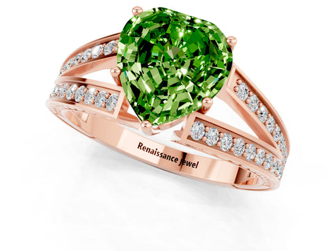 Rose gold Heart Cut Peridot Split Shank Ring with Pavé Band and Four-Prong Setting_1
