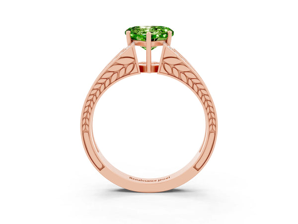 Rose gold Heart Cut Peridot Split Shank Ring with Pavé Band and Four-Prong Setting
