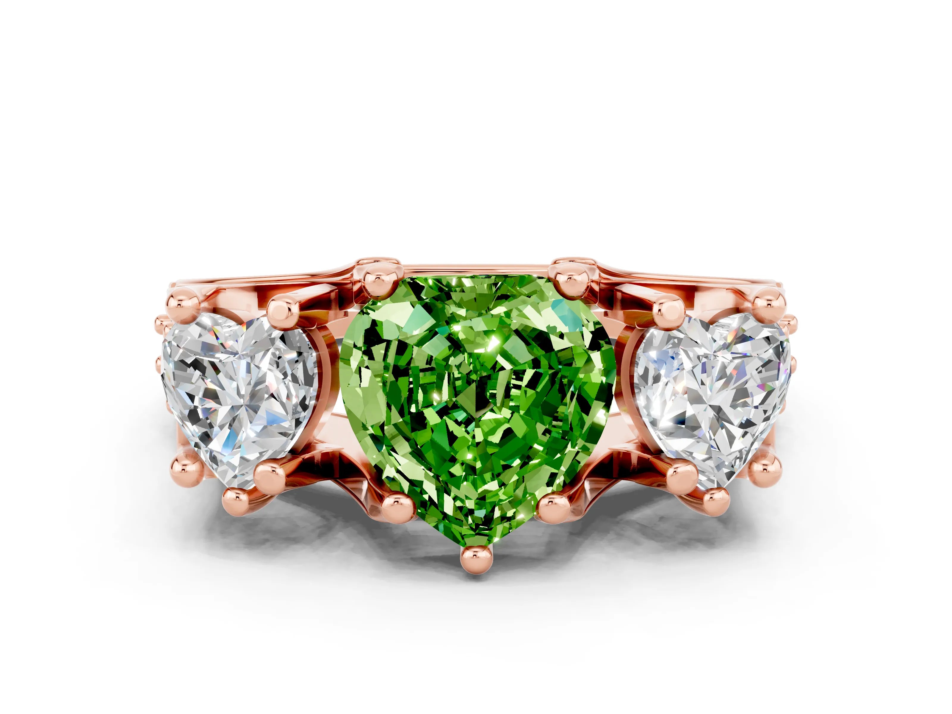 Rose gold Heart Cut Peridot Three-Stone Ring with Channel Set Band and Four-Prong Setting
