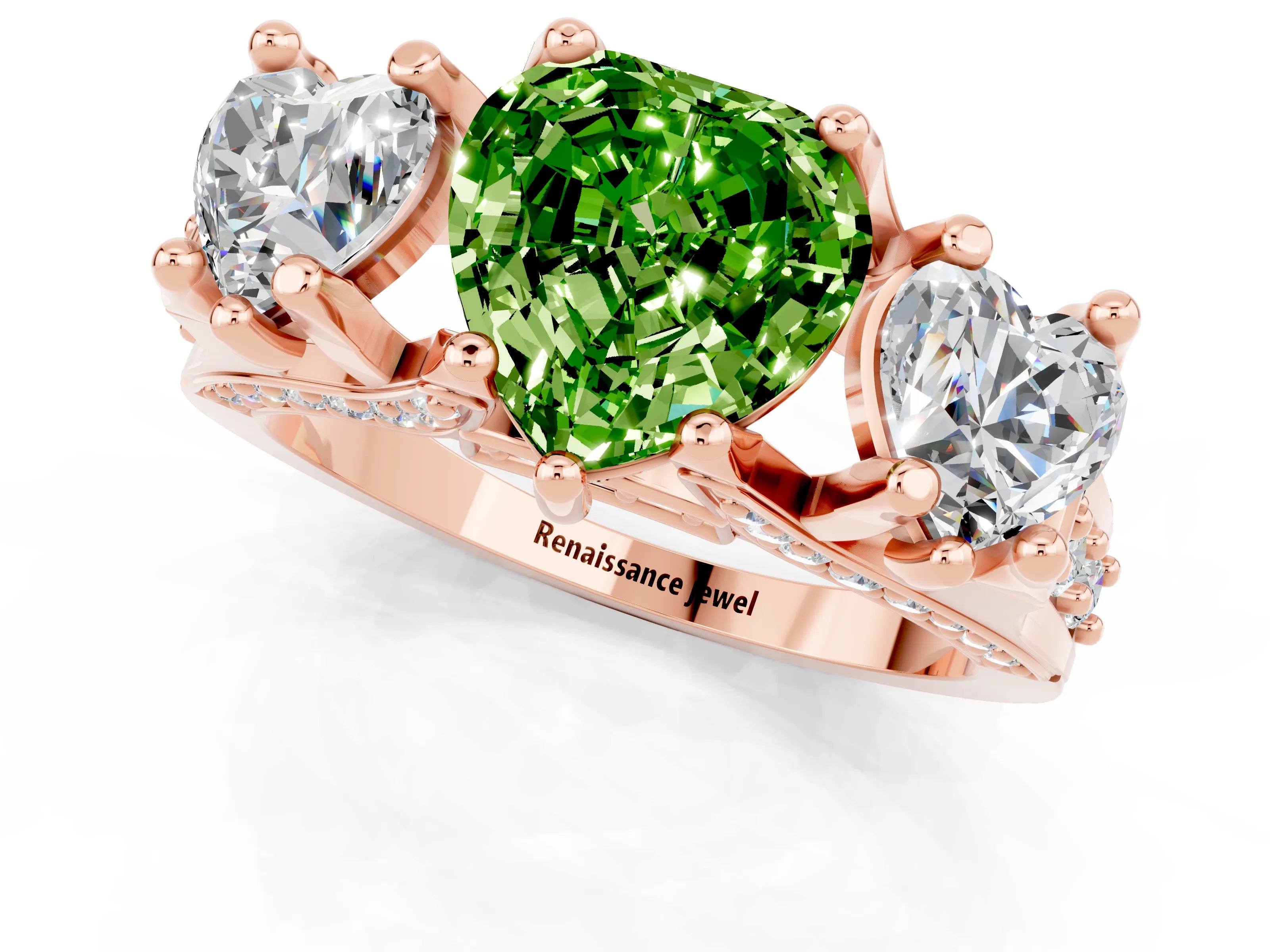 Rose gold Heart Cut Peridot Three-Stone Ring with Channel Set Band and Four-Prong Setting_1
