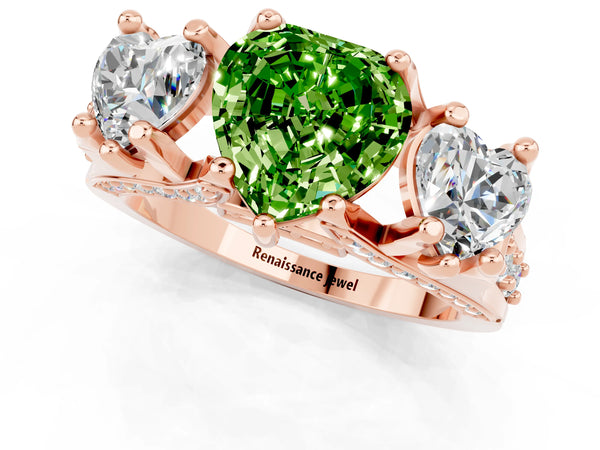 Rose gold Heart Cut Peridot Three-Stone Ring with Channel Set Band and Four-Prong Setting
