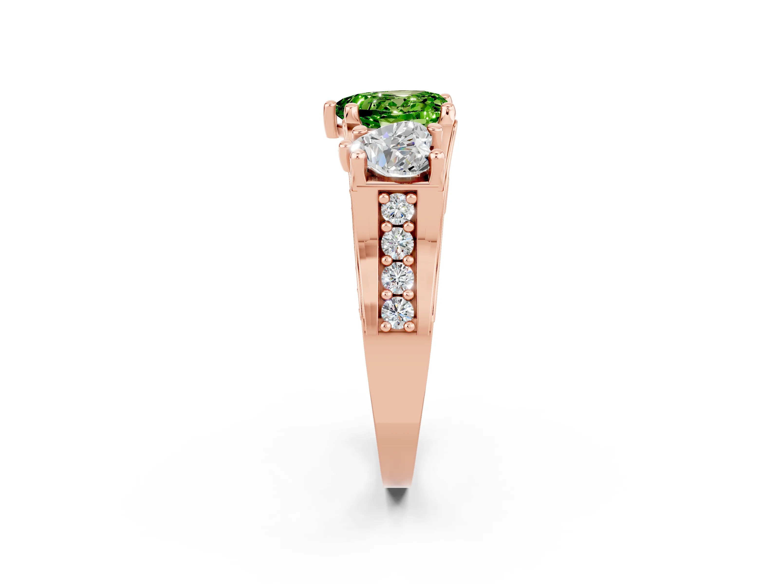 Rose gold Heart Cut Peridot Three-Stone Ring with Channel Set Band and Four-Prong Setting_2