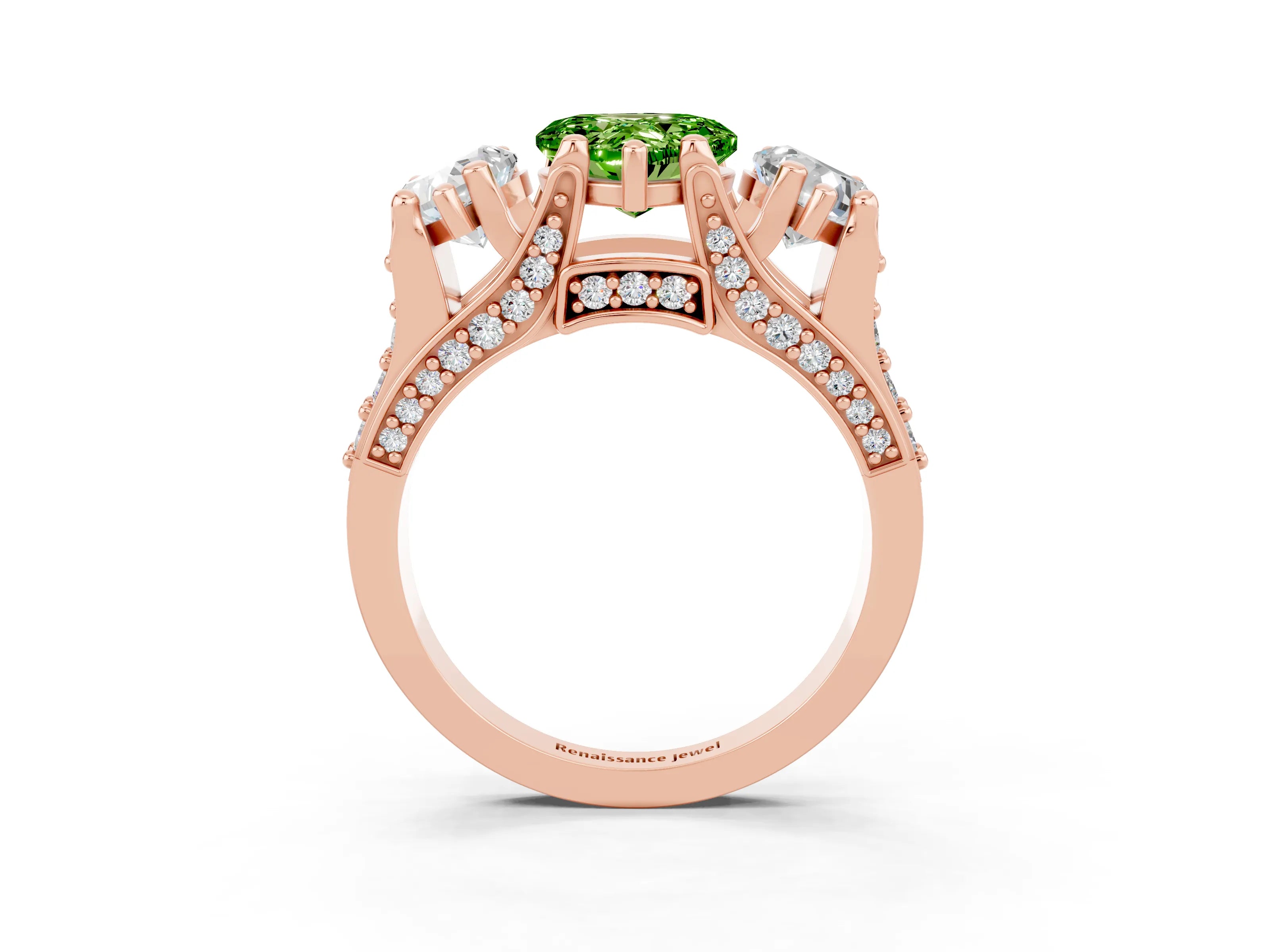 Rose gold Heart Cut Peridot Three-Stone Ring with Channel Set Band and Four-Prong Setting_3