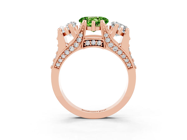 Rose gold Heart Cut Peridot Three-Stone Ring with Channel Set Band and Four-Prong Setting