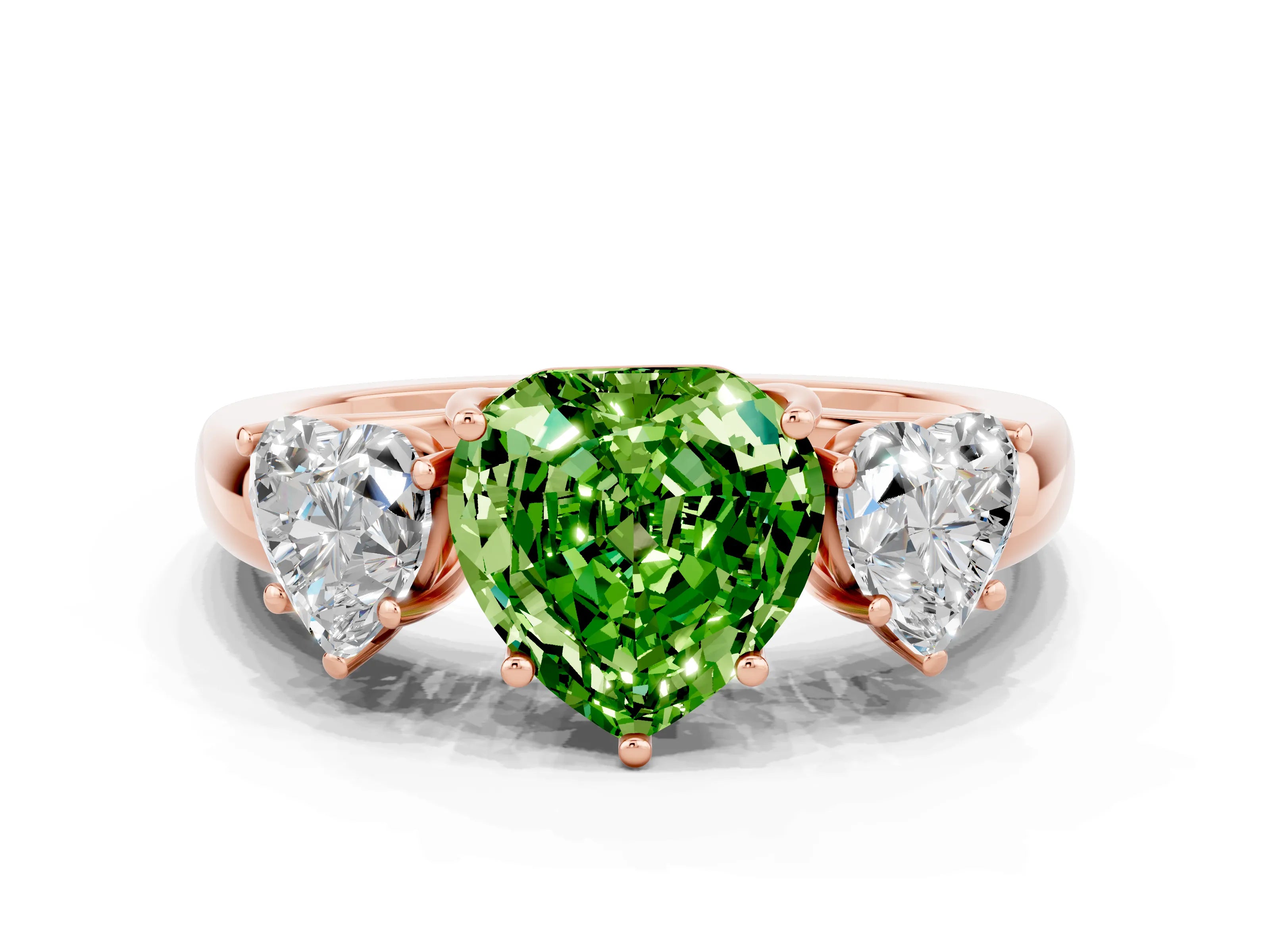 Rose gold Heart Cut Peridot Three-Stone Ring with Four-Prong Setting and Classic Band