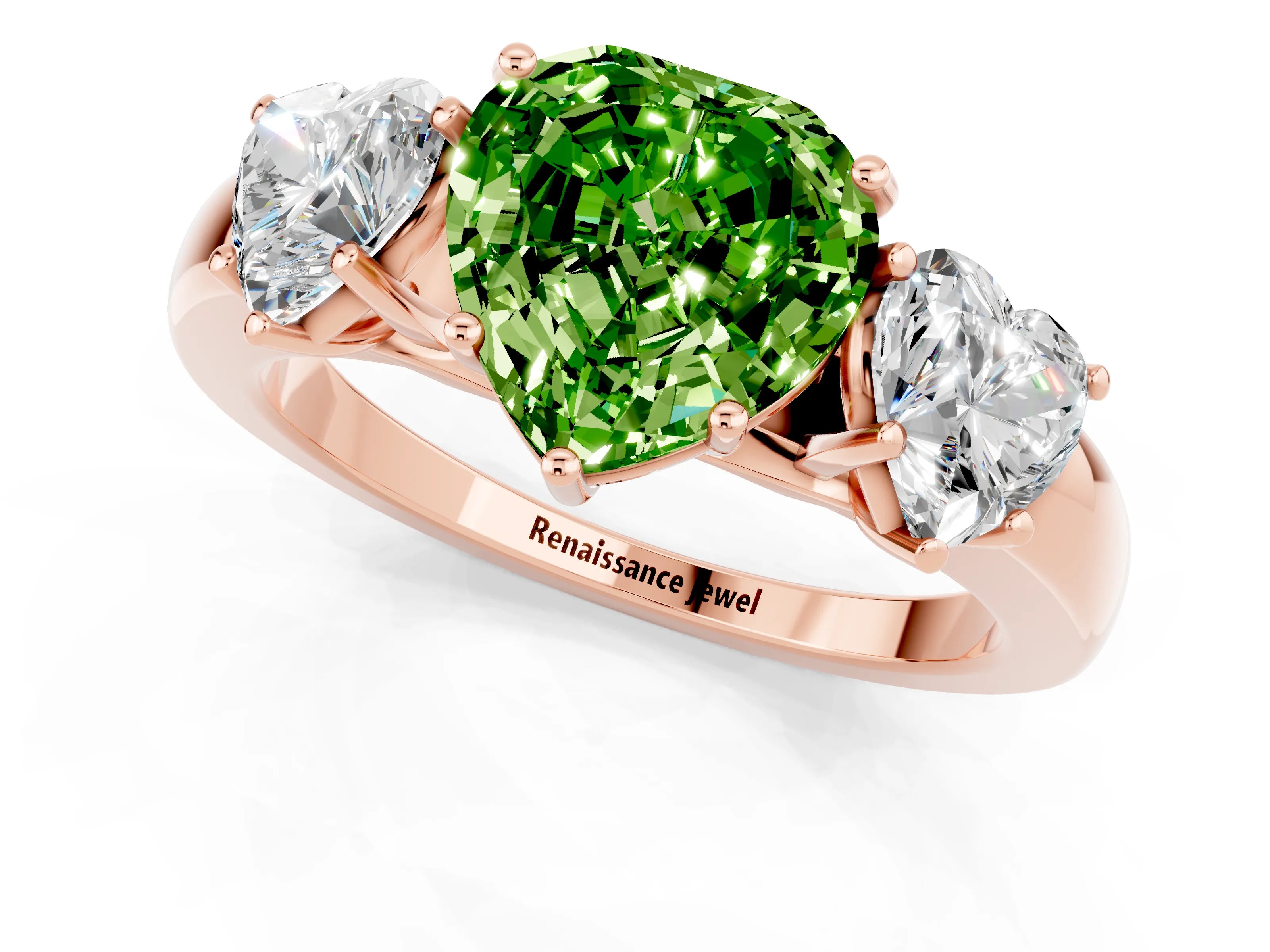 Rose gold Heart Cut Peridot Three-Stone Ring with Four-Prong Setting and Classic Band_1