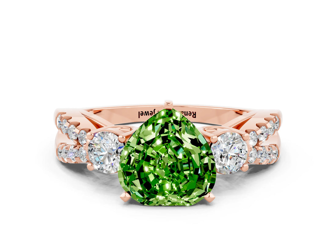 Rose gold Heart Cut Peridot Three-Stone Ring with Pavé Split Shank and Four-Prong Setting